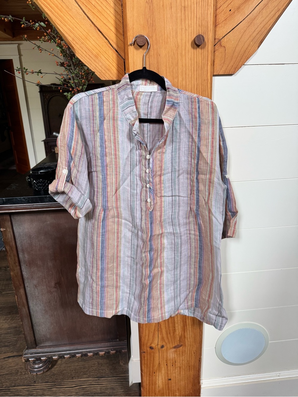 CP Shades Multistripe Cotton-Linen Button Henley Shirt in Pastel Blues and Rust